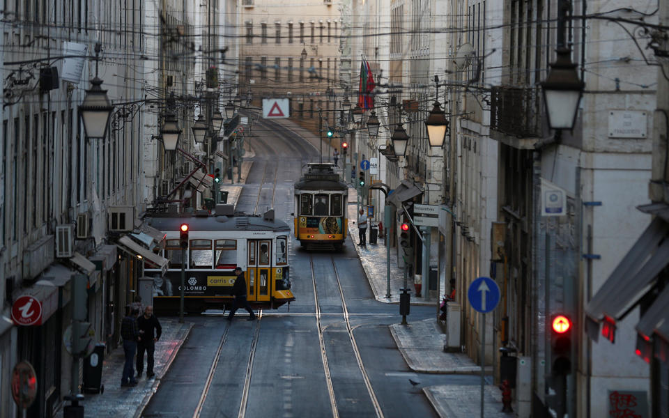 Trams are seen in downtown Lisbon