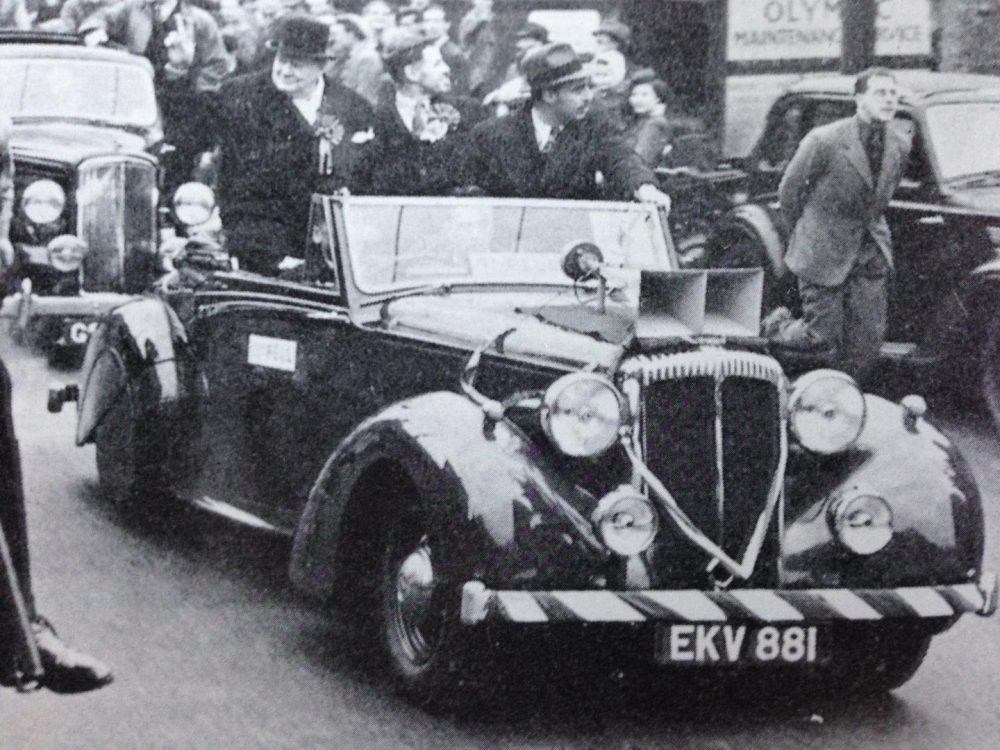 Churchill at the hustings aboard Daimler DB18 Drophead