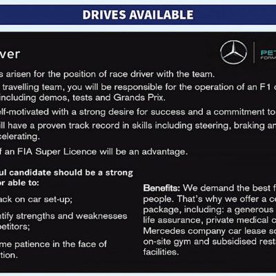 F1: Quer guiar pela Mercedes? Então responda ao ‘anúncio’!